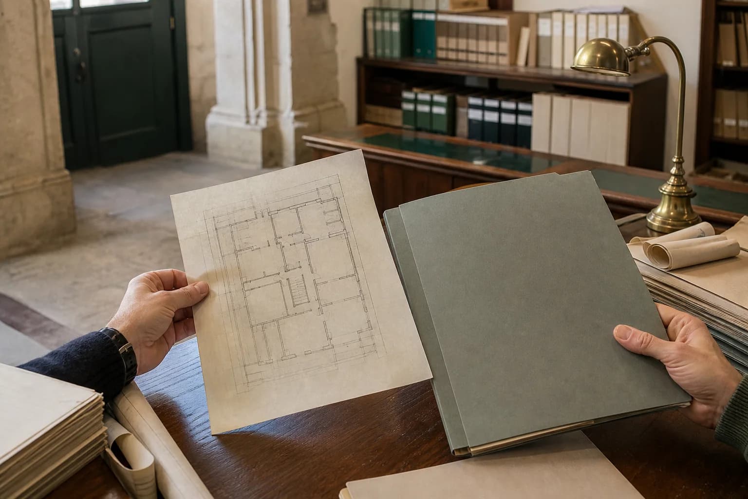 Hands comparing a plan and property file in a Portuguese municipal archive