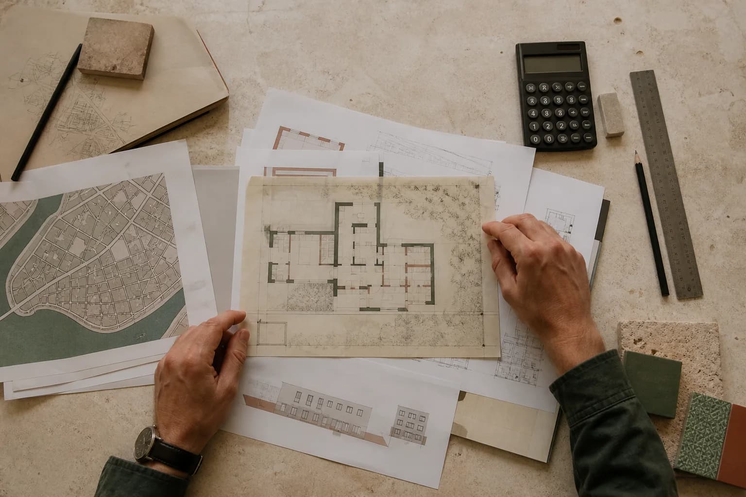 A property file under review with plans, a map, calculator and material samples