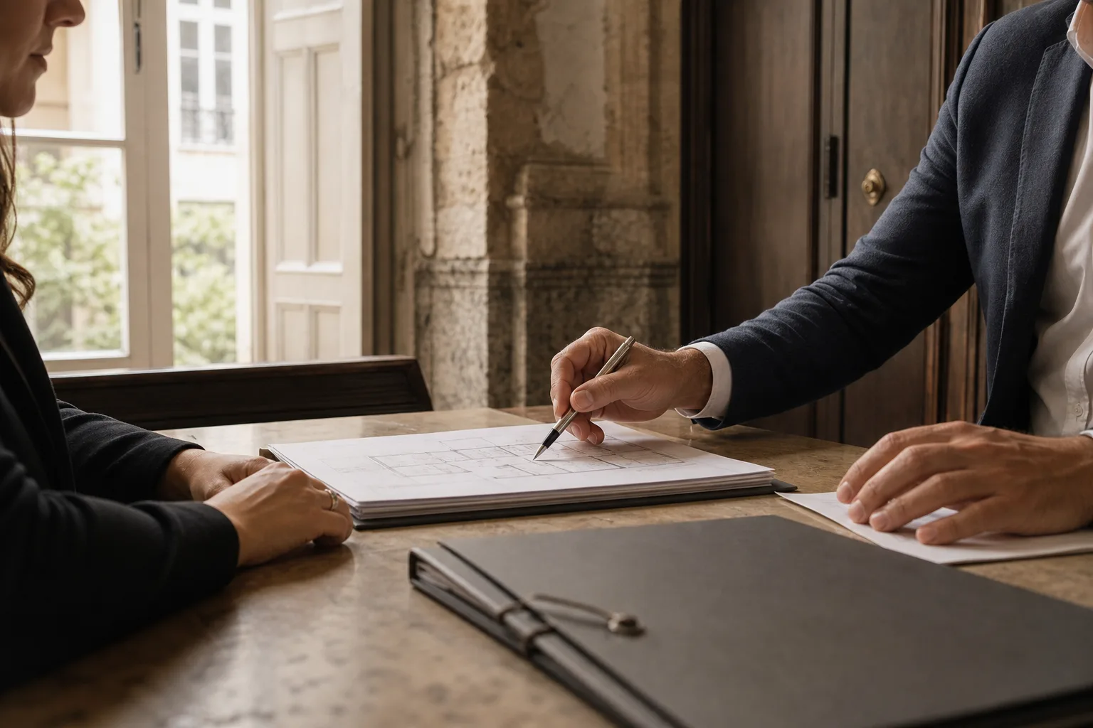 An advisor and investor reviewing a property file and transaction steps in Portugal